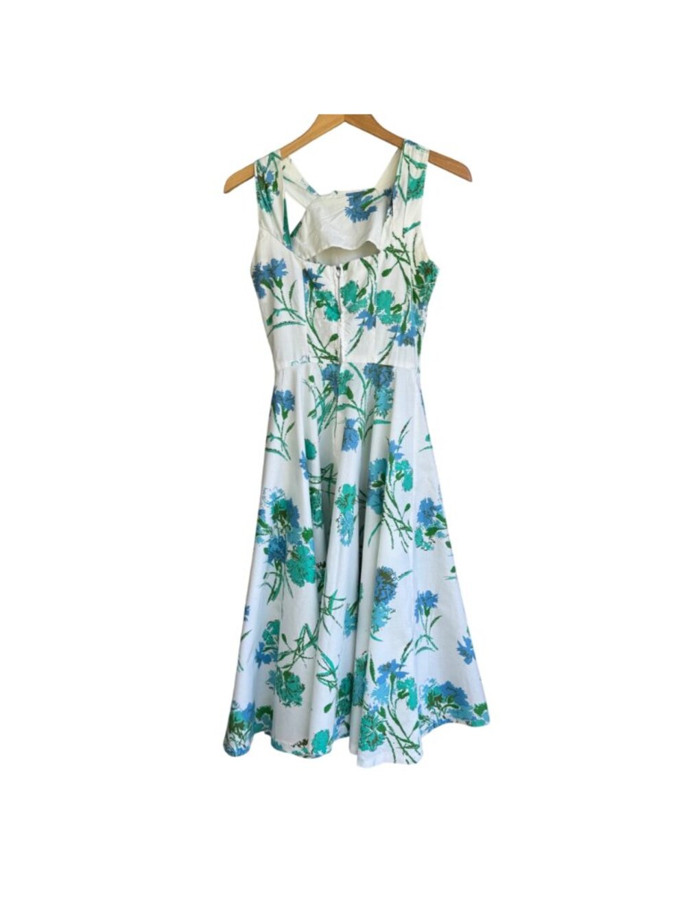 Womens Floral Sundress White & Blue Sleeveless Fit & Flare M (12) Vintage 50s - Picture 2 of 16